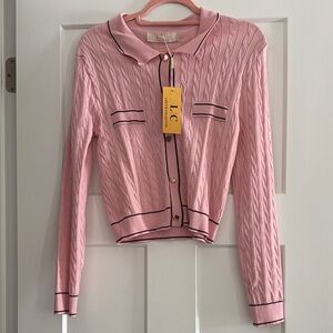 Pink Cable Knit Cardigan with Brown Trim